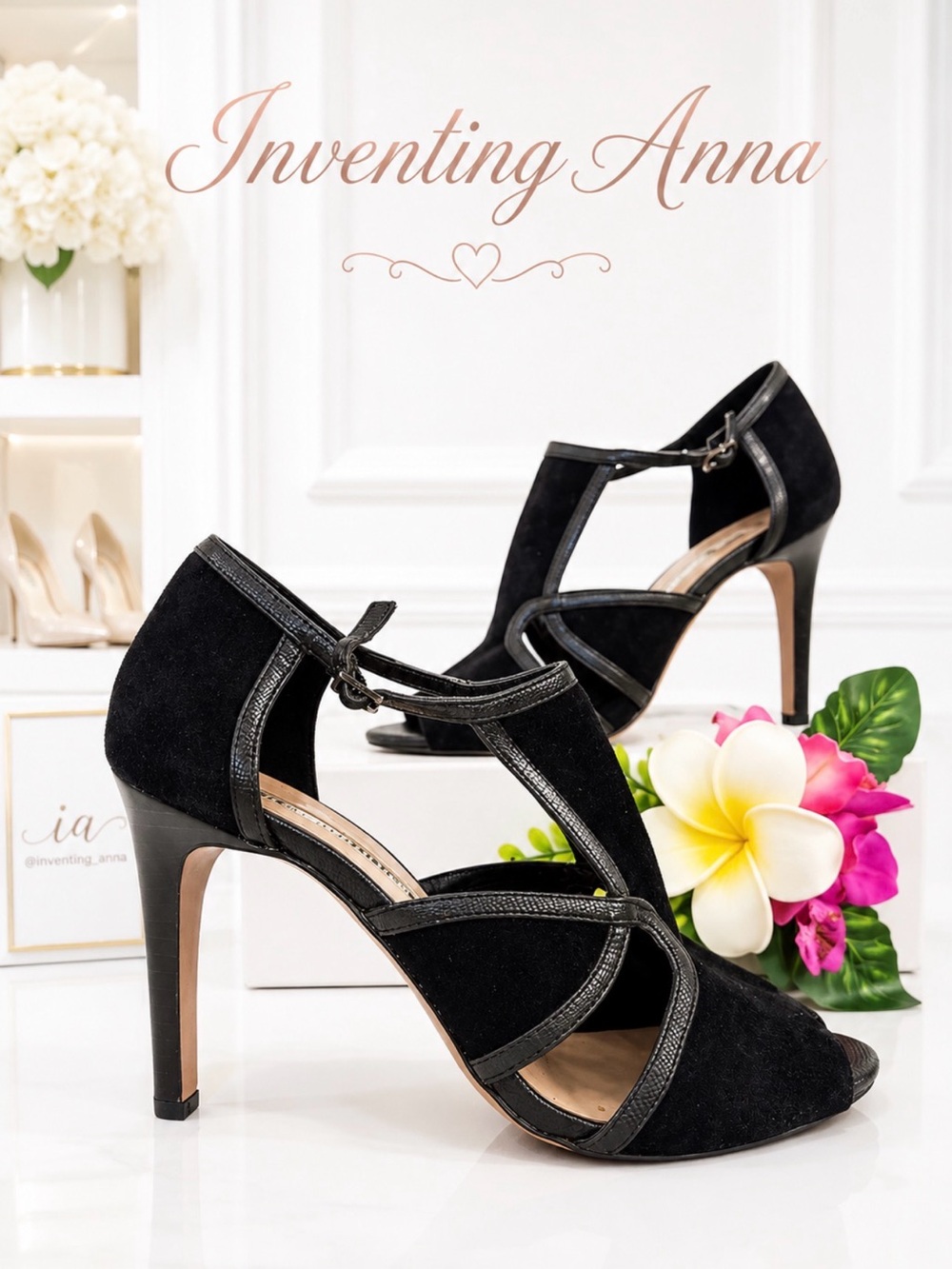 Audrey Brooke Black Suede Leather Peep Toe Strappy Heels size 8.5